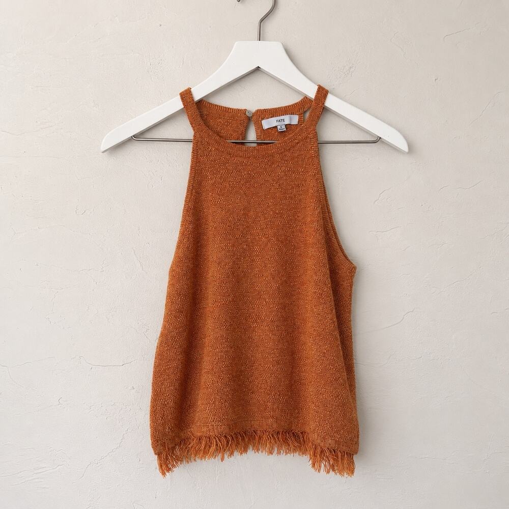 FATE Rust Orange Boho Western Fringe Hem Knit Halter Tank Top Small